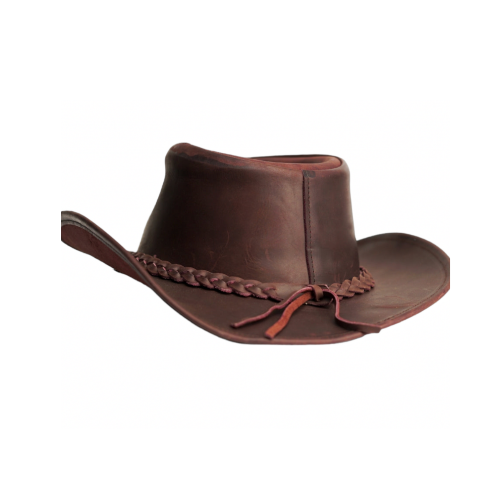 Brown leather cowboy hat with braided band on a white background