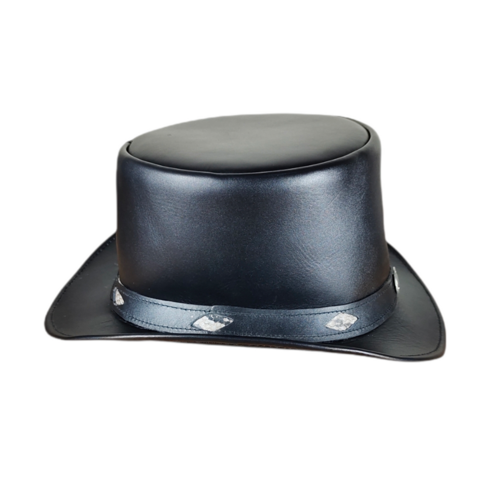 Black leather top hat with decorative band on a white background