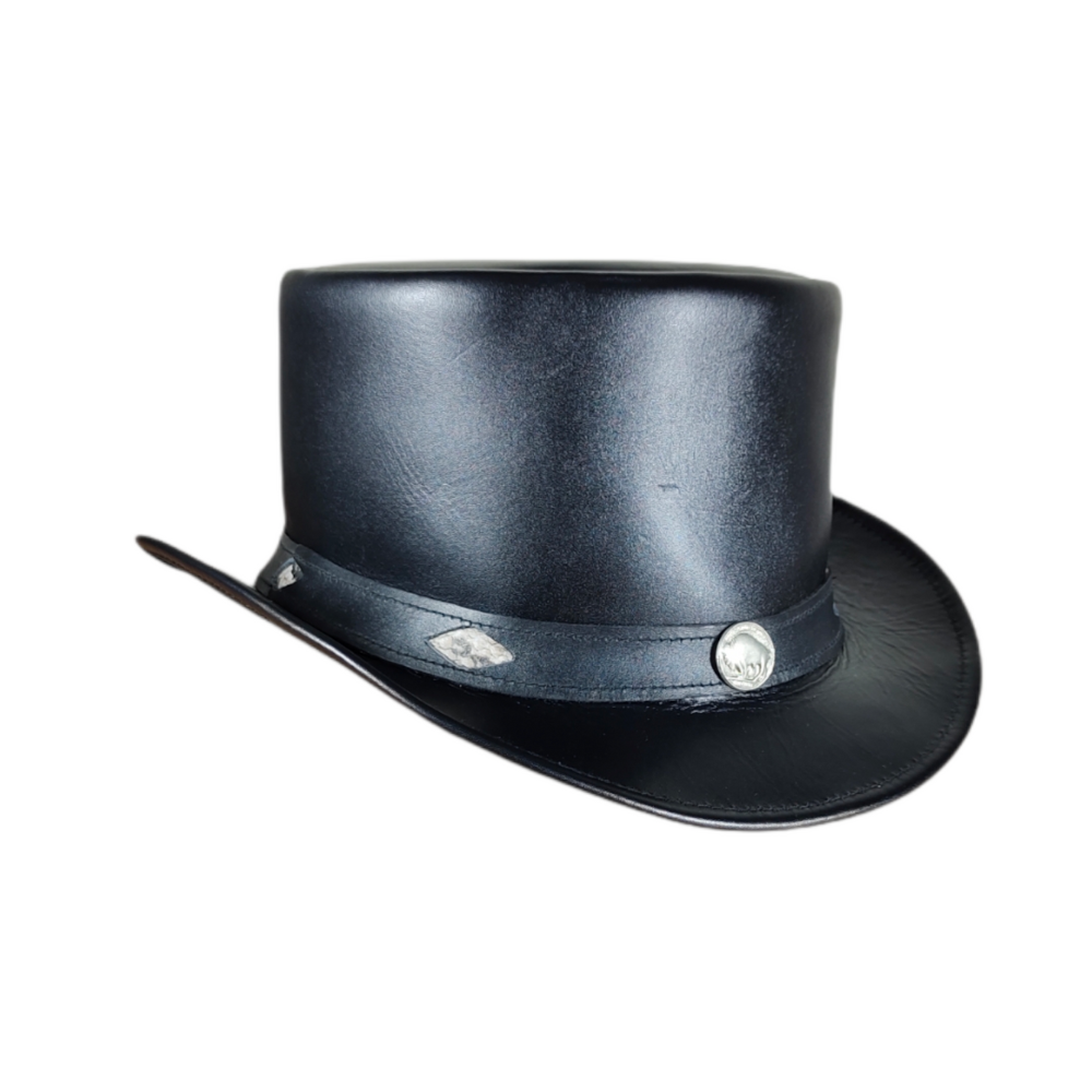 Black leather top hat with decorative band on a white background