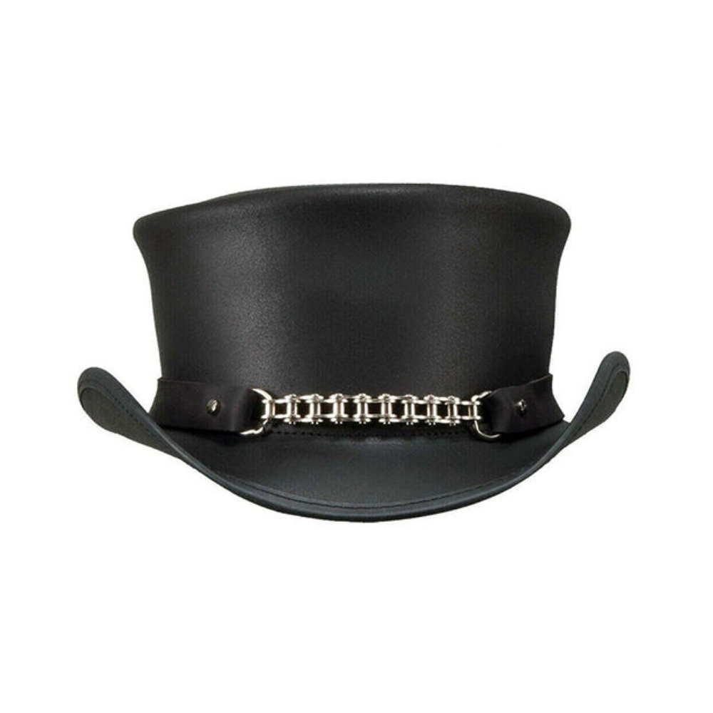 Black top hat with a chain detail on a white background