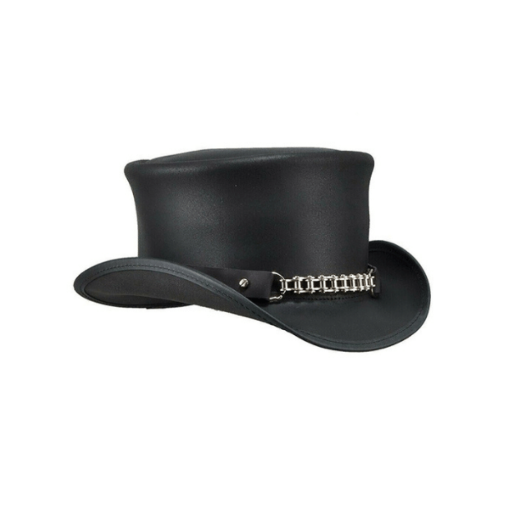 Black top hat with a decorative band on a white background