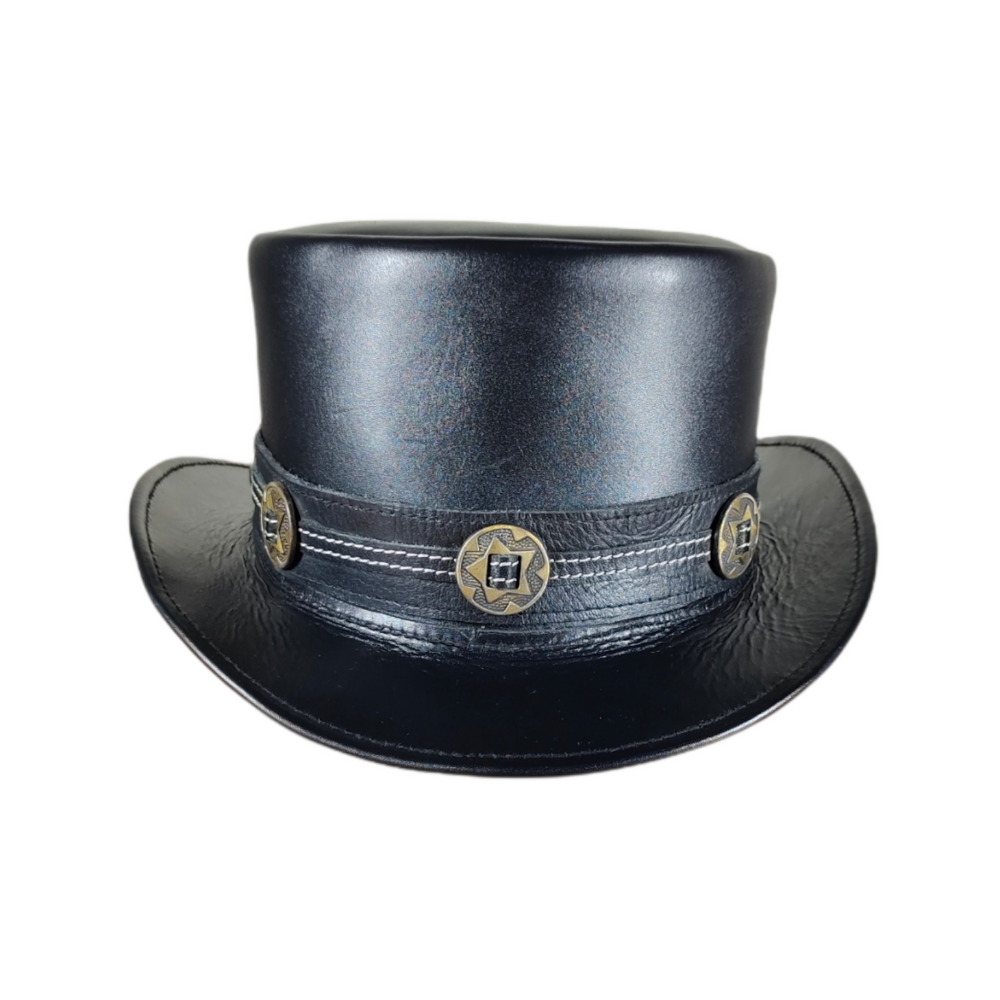 Black leather top hat with decorative buttons on a white background