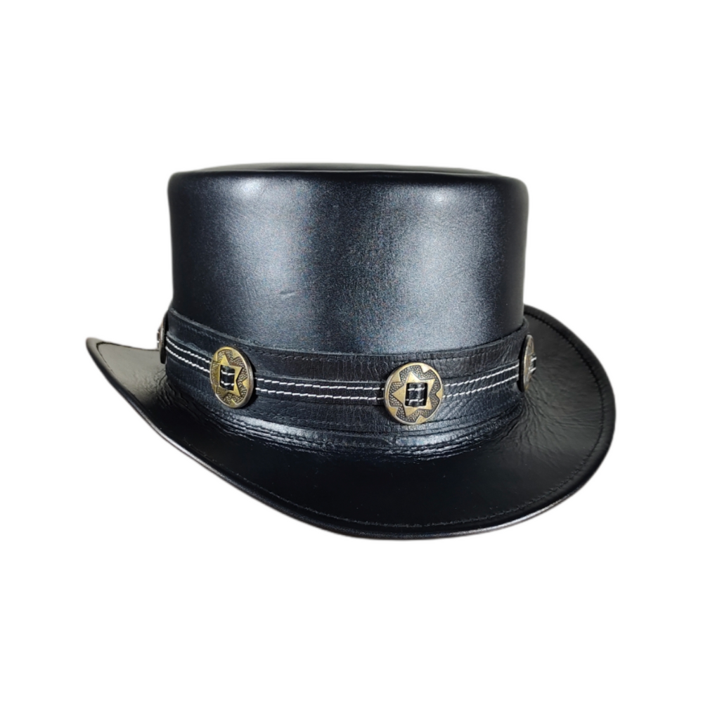 Black leather top hat with gold buttons on a white background