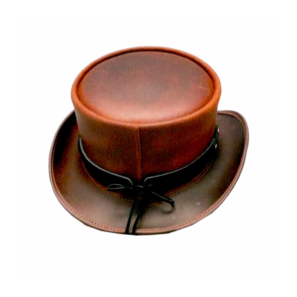 Brown leather top hat with a black band on a white background