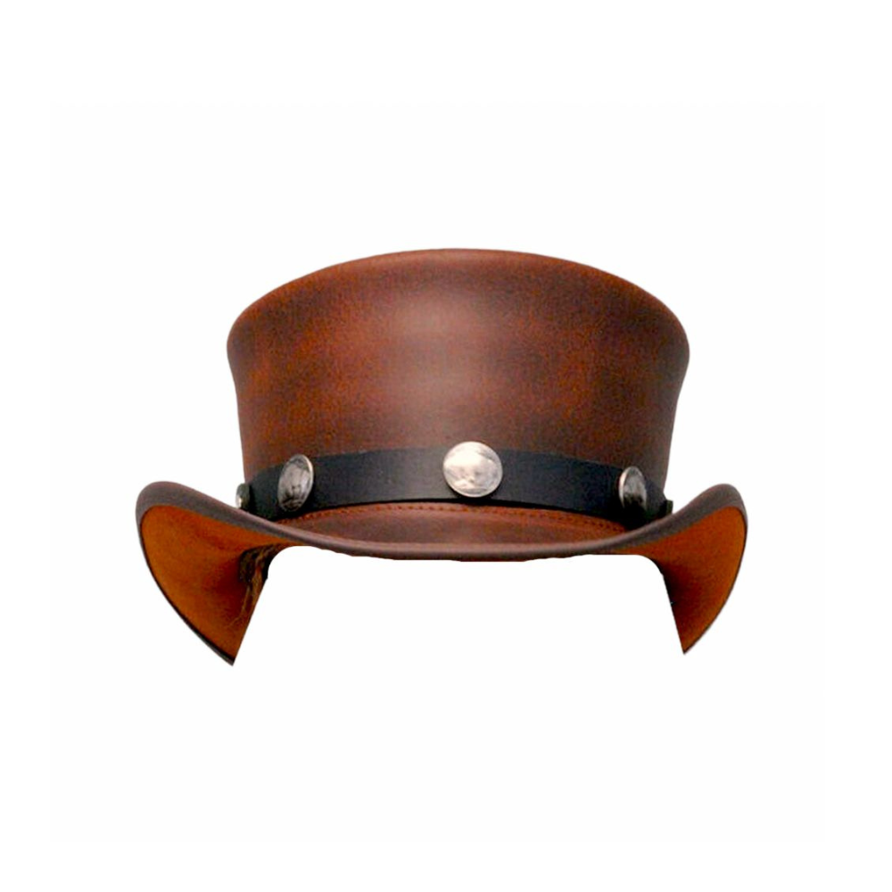 Brown leather top hat with a black band and silver buttons on a white background