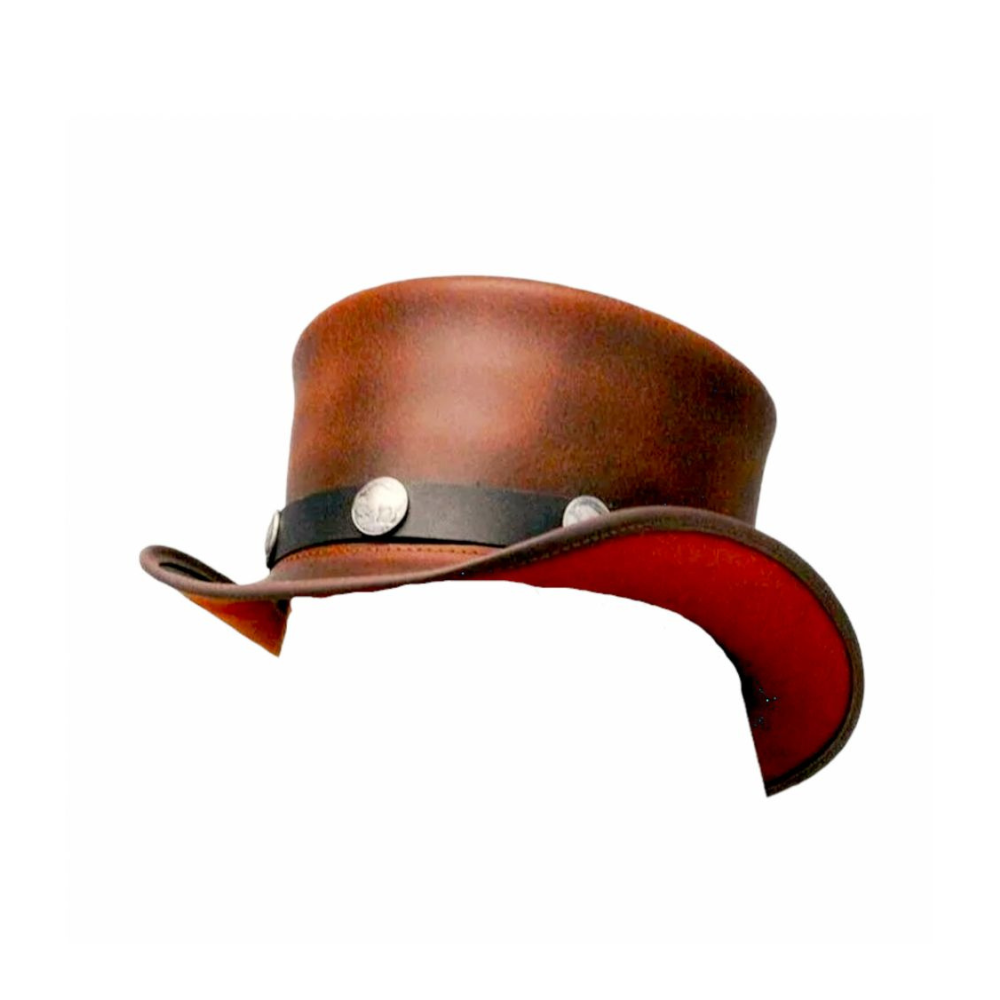 Brown leather hat with red interior and black band on a white background