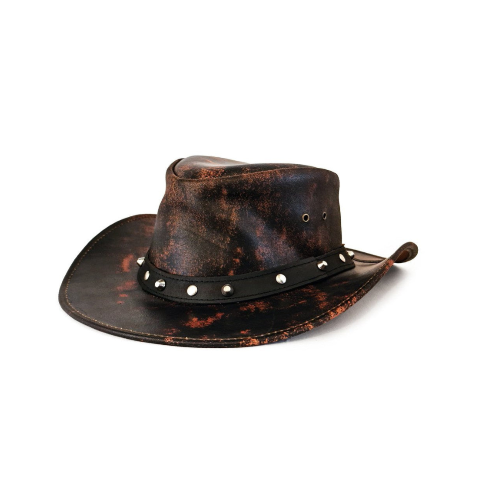 Brown leather cowboy hat with studded band on a white background
