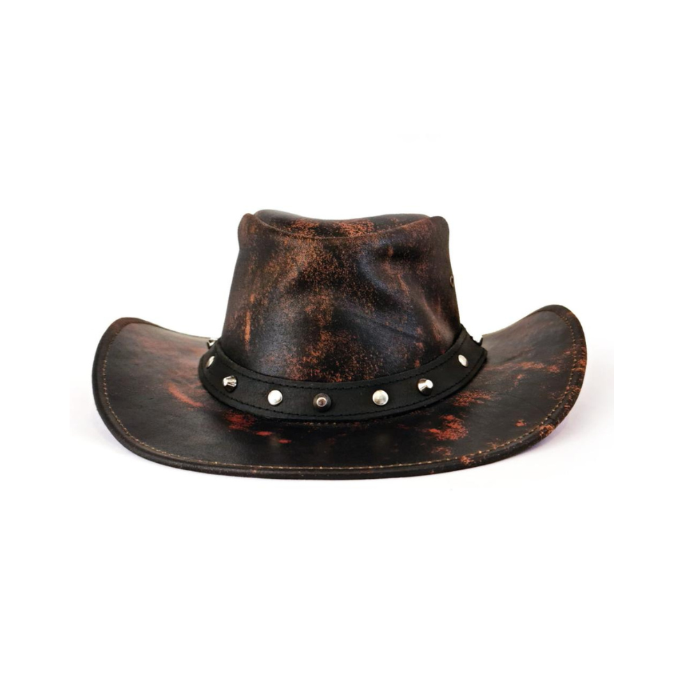 Distressed brown leather cowboy hat with studded band on a white background
