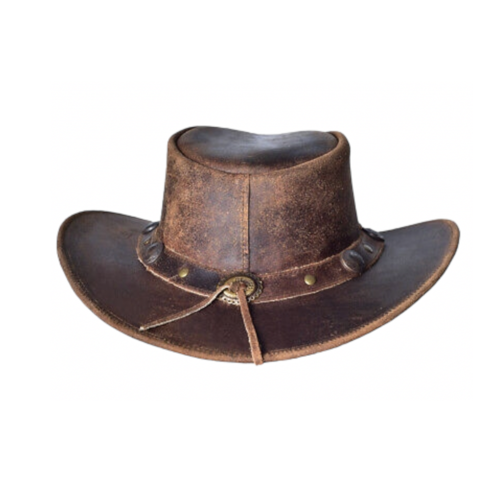 Brown leather hat with a strap on a white background