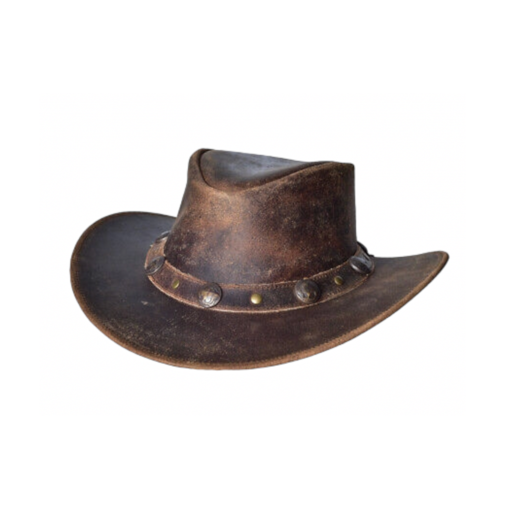 Brown leather cowboy hat with studded band on a white background