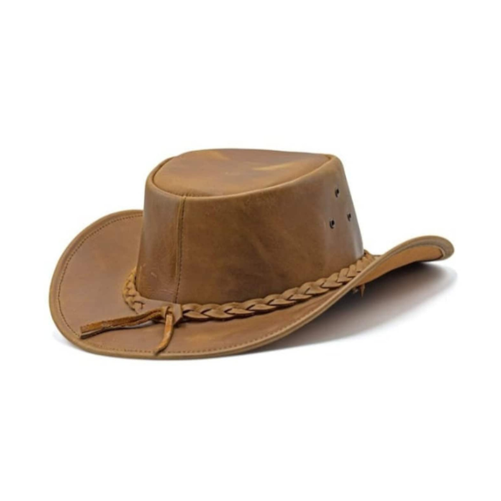 Brown leather cowboy hat with braided band on a white background