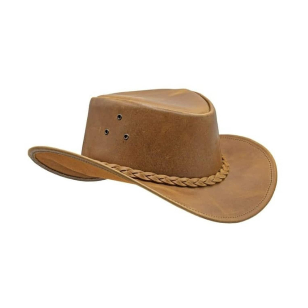 Brown leather cowboy hat with braided band on a white background