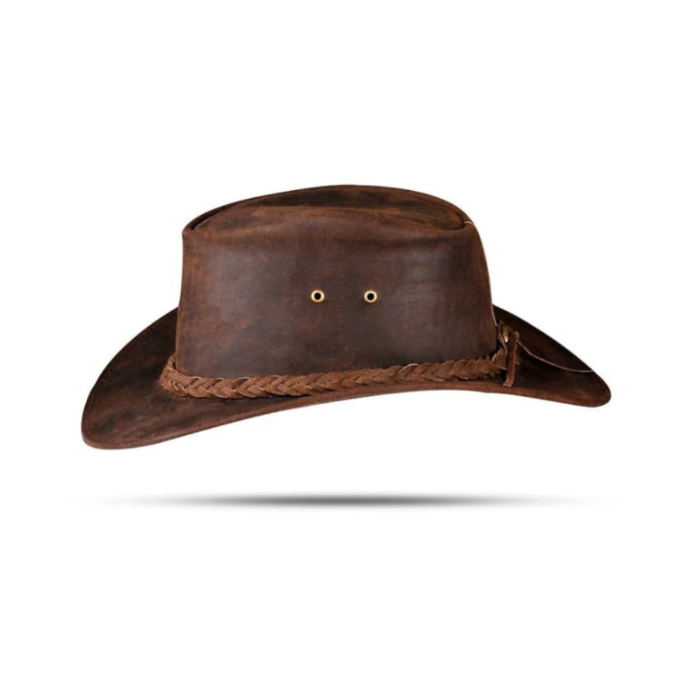 Brown leather cowboy hat with braided band on a white background