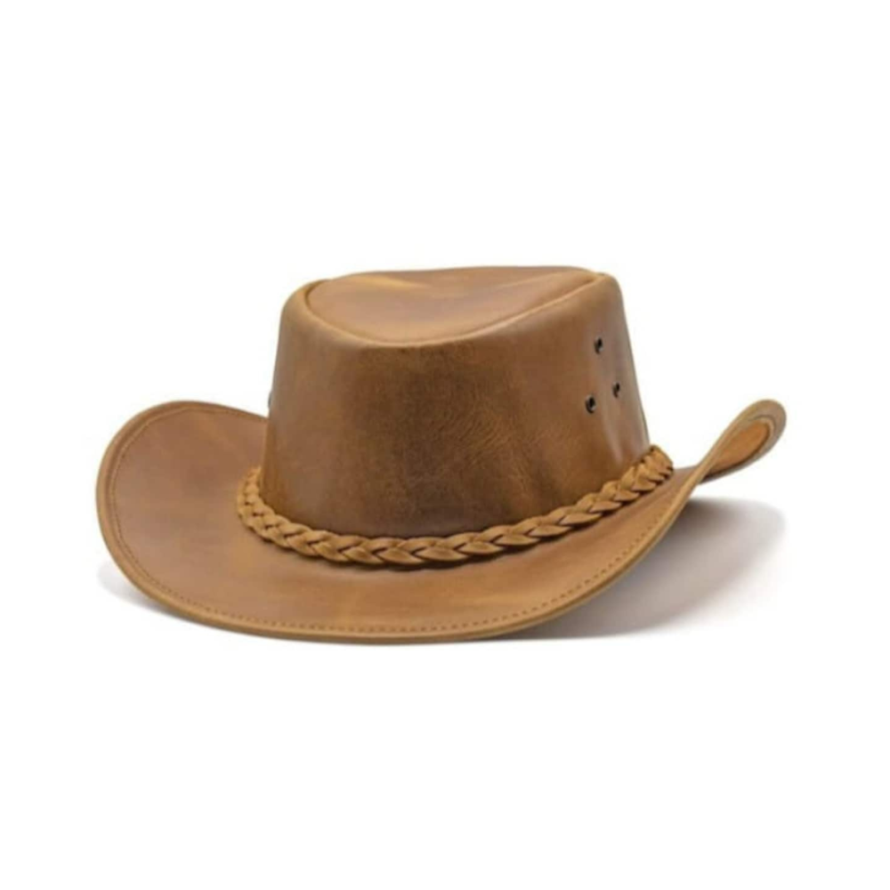 Brown leather cowboy hat with braided band on a white background