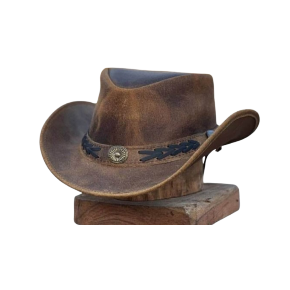 Brown leather cowboy hat on a wooden stand with a white background