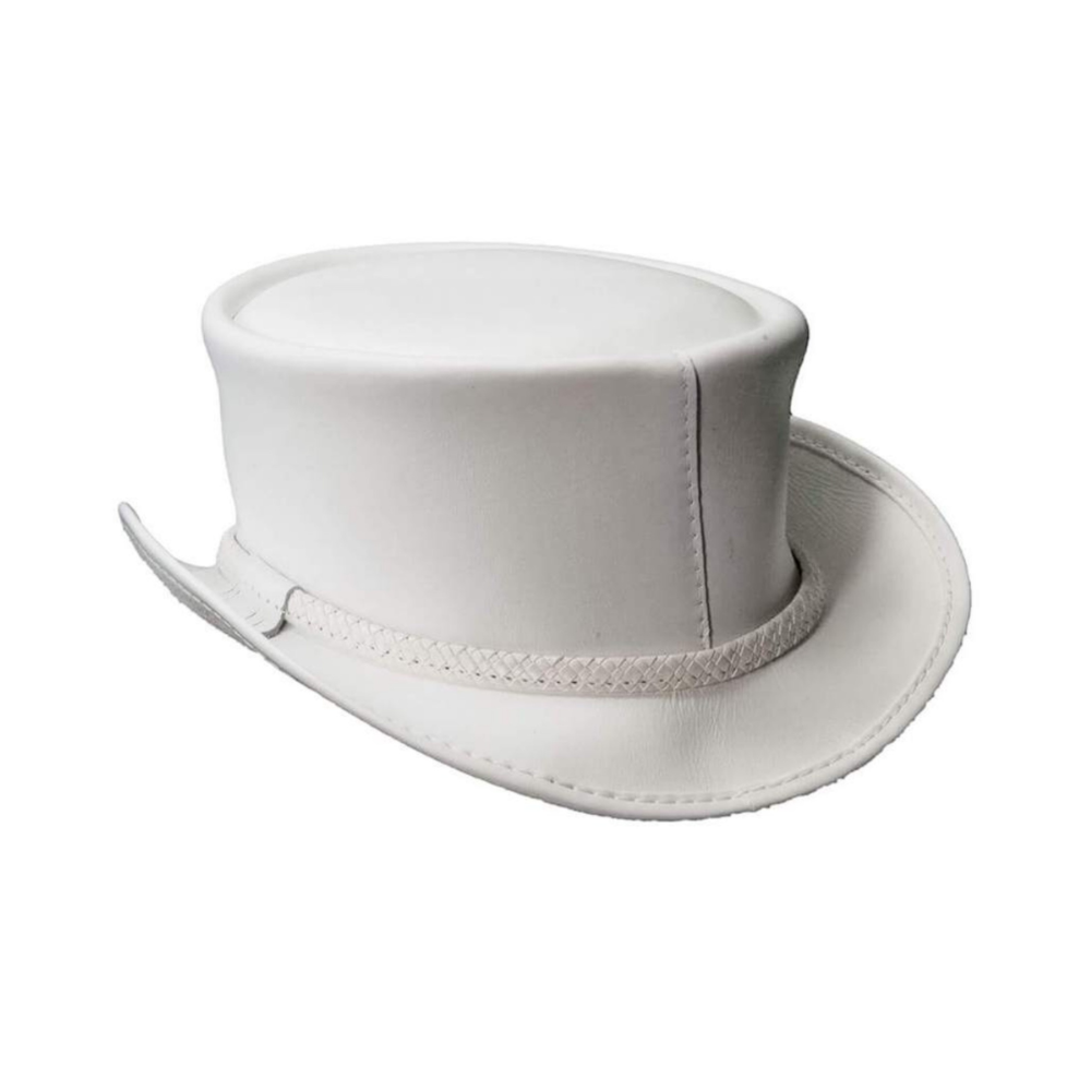 White top hat with a band on a white background
