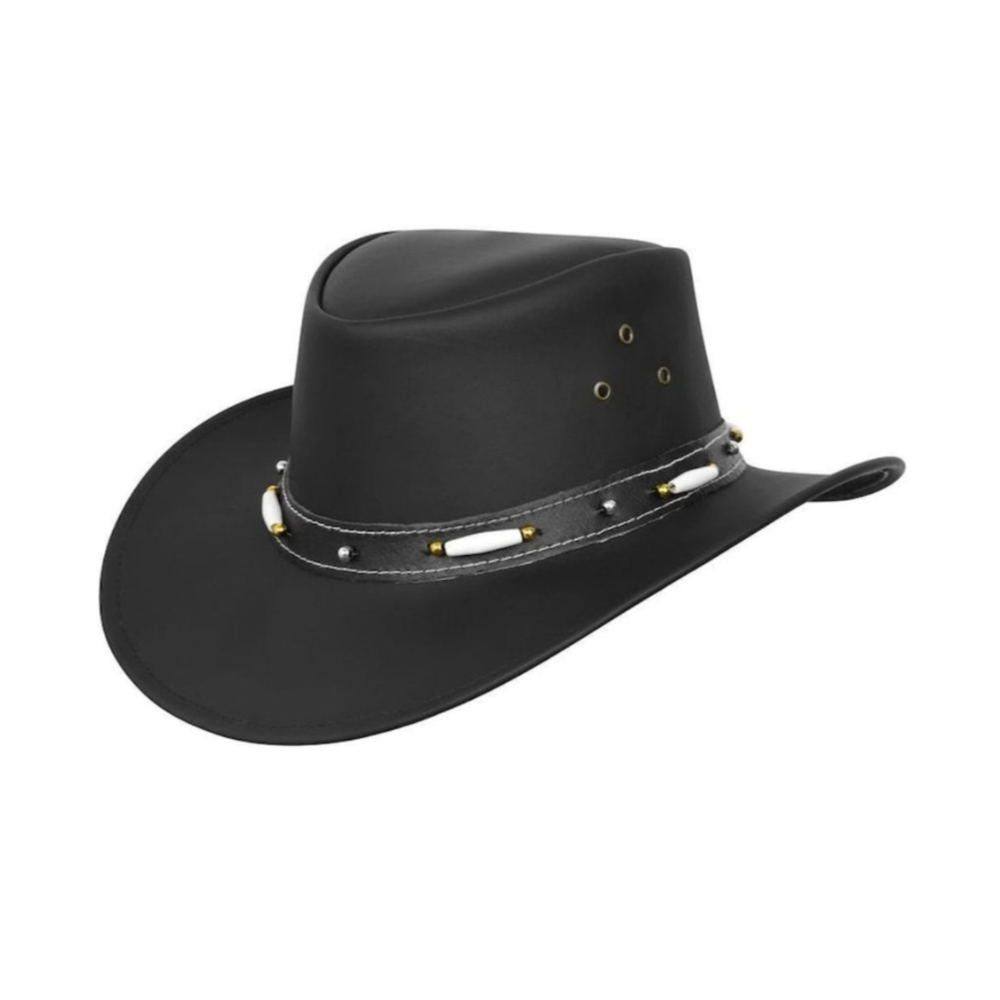 Black cowboy hat with decorative band on a white background