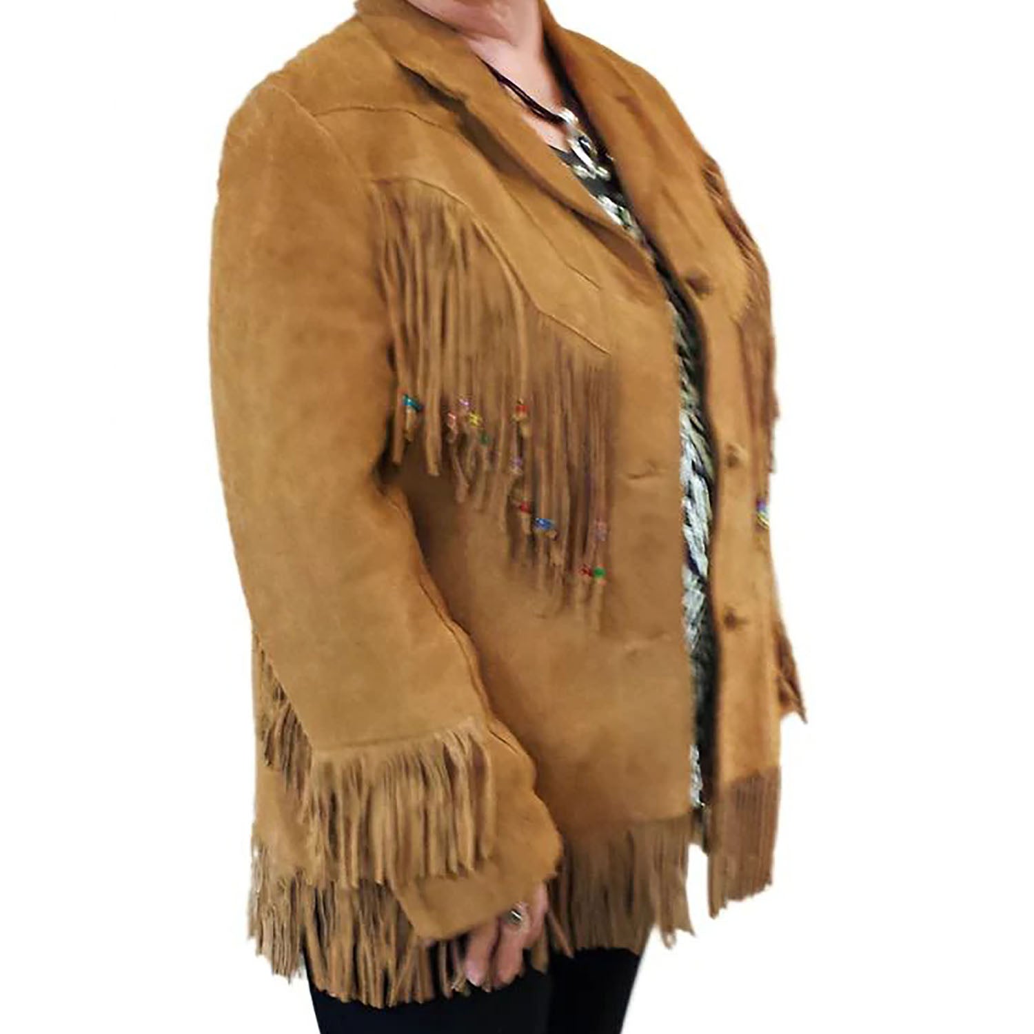 Classical Western Cowgirl Brown Suede Leather Fringe Jacket front view