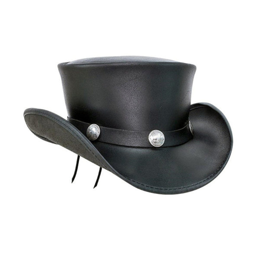 Black leather top hat with silver buttons on a white background