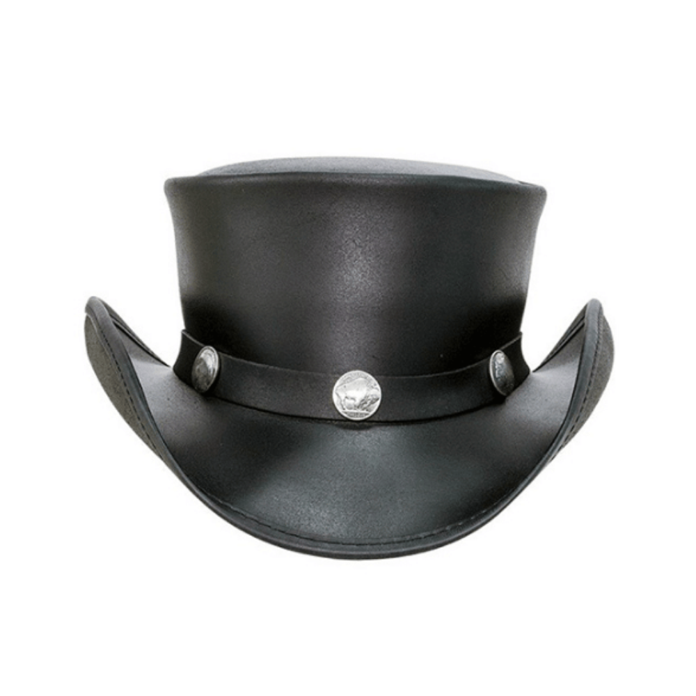 Black leather hat with decorative band and studs on a white background