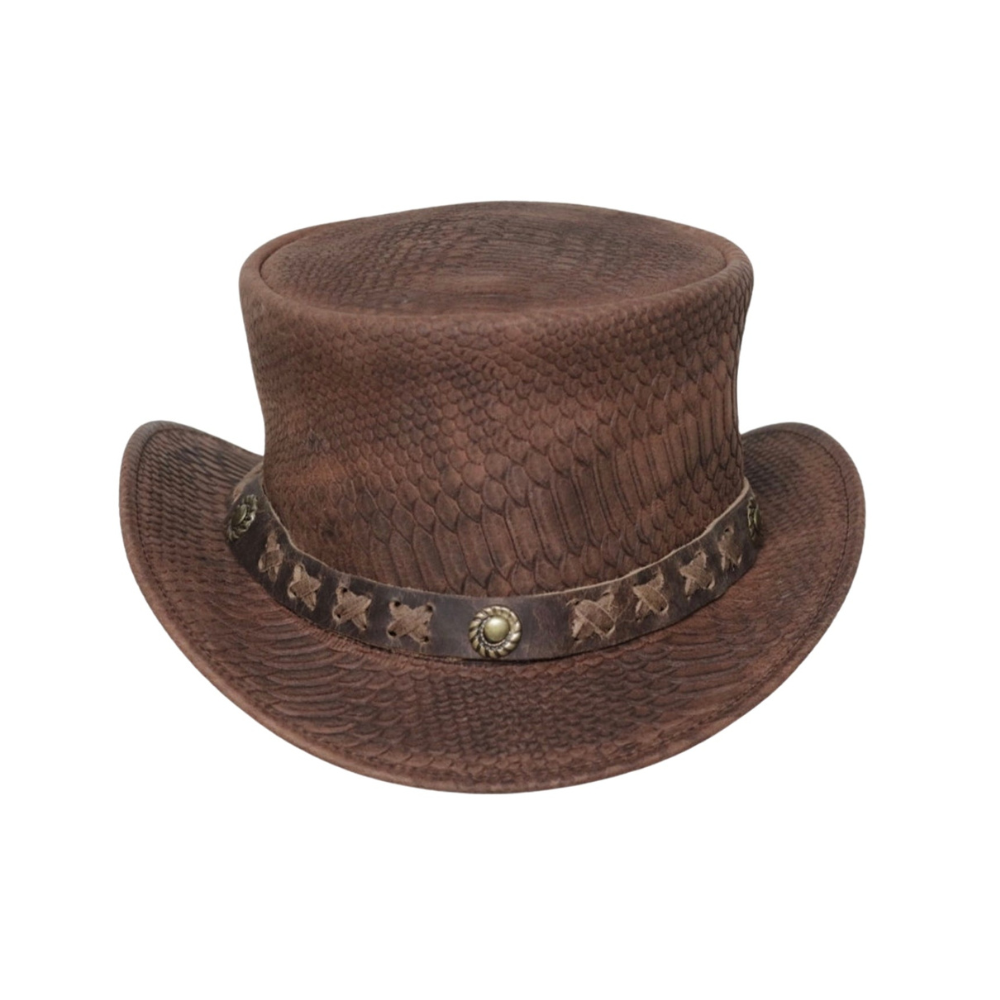 Brown cowboy hat with decorative band on a white background