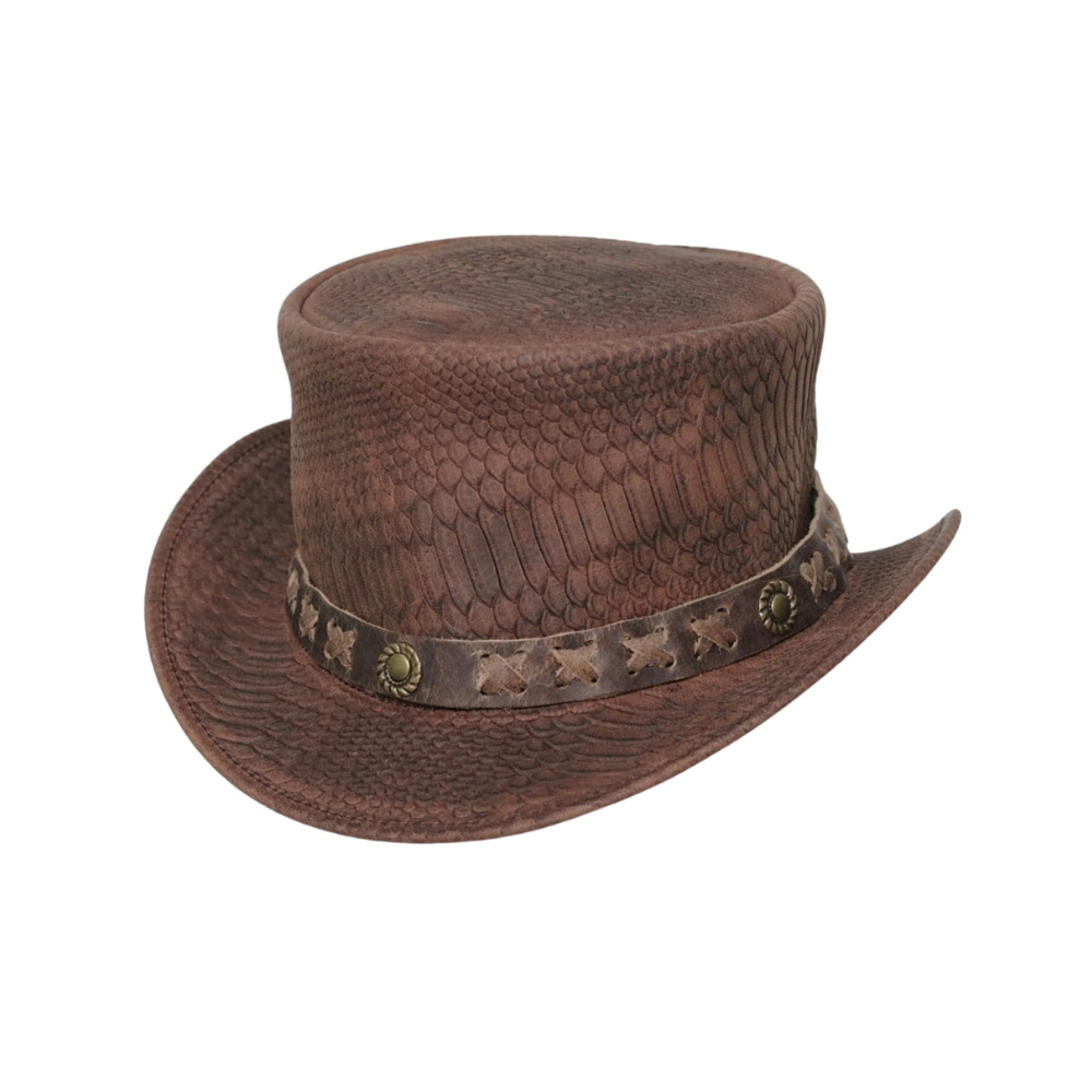 Brown cowboy hat with decorative band on a white background