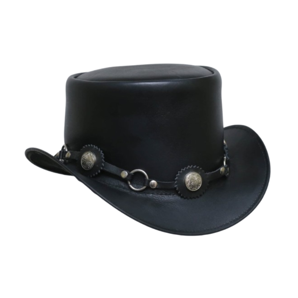 Black leather hat with decorative band and conchos on a white background