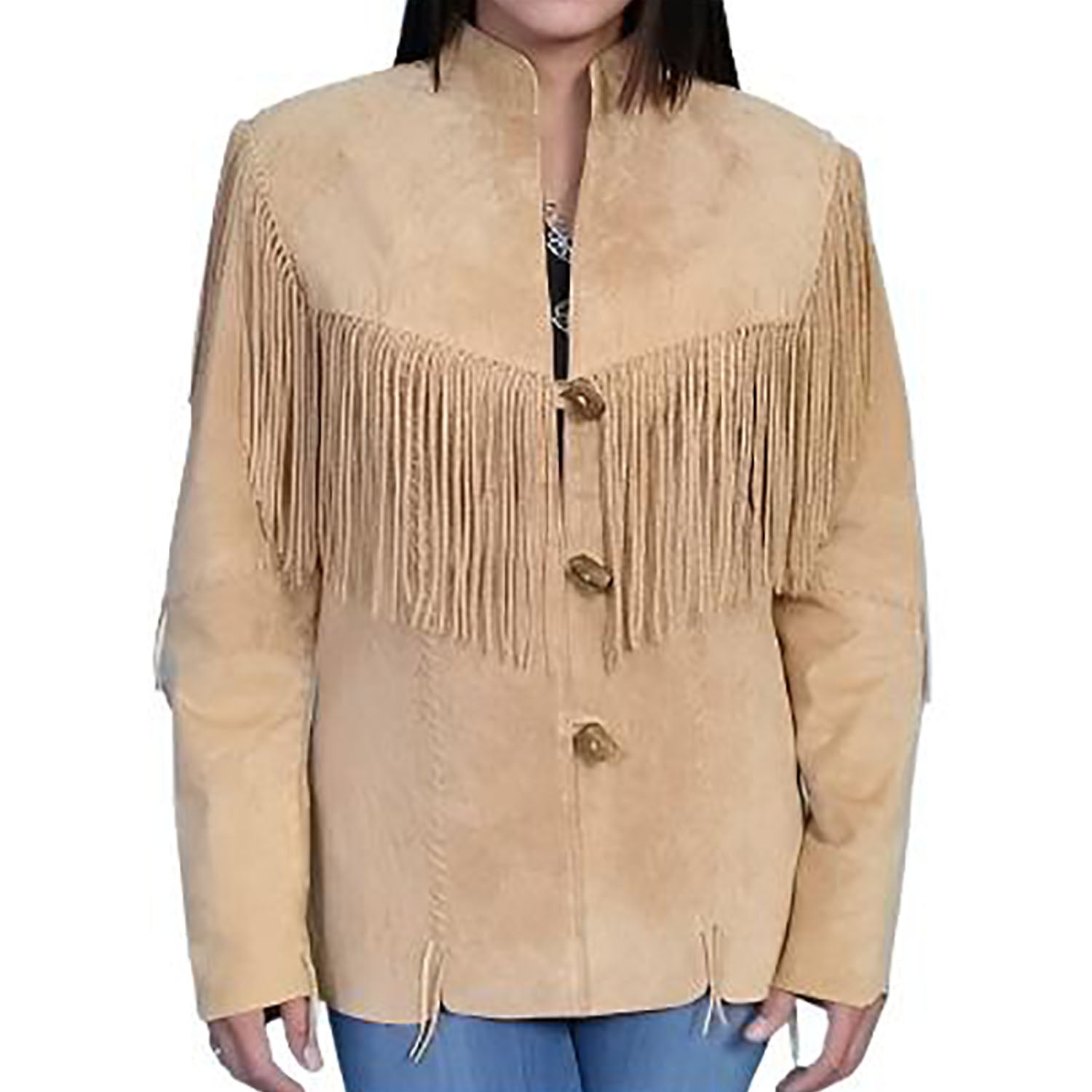 Cowgirl Beige Suede Leather Fringes Jacket front view