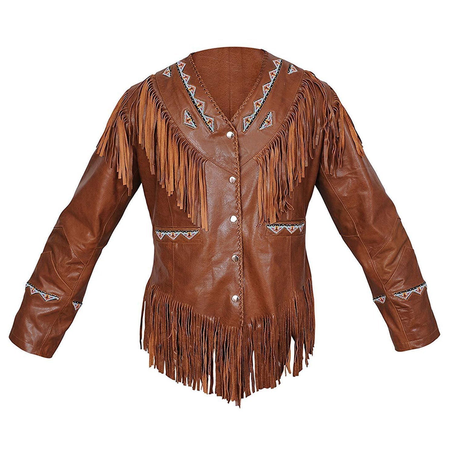 Cowgirl Brown Leather Fringe Beaded Jacket front view