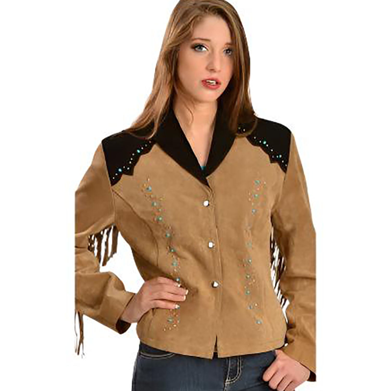 Cowgirl Brown Suede Leather Fringe Beaded Jacket front view