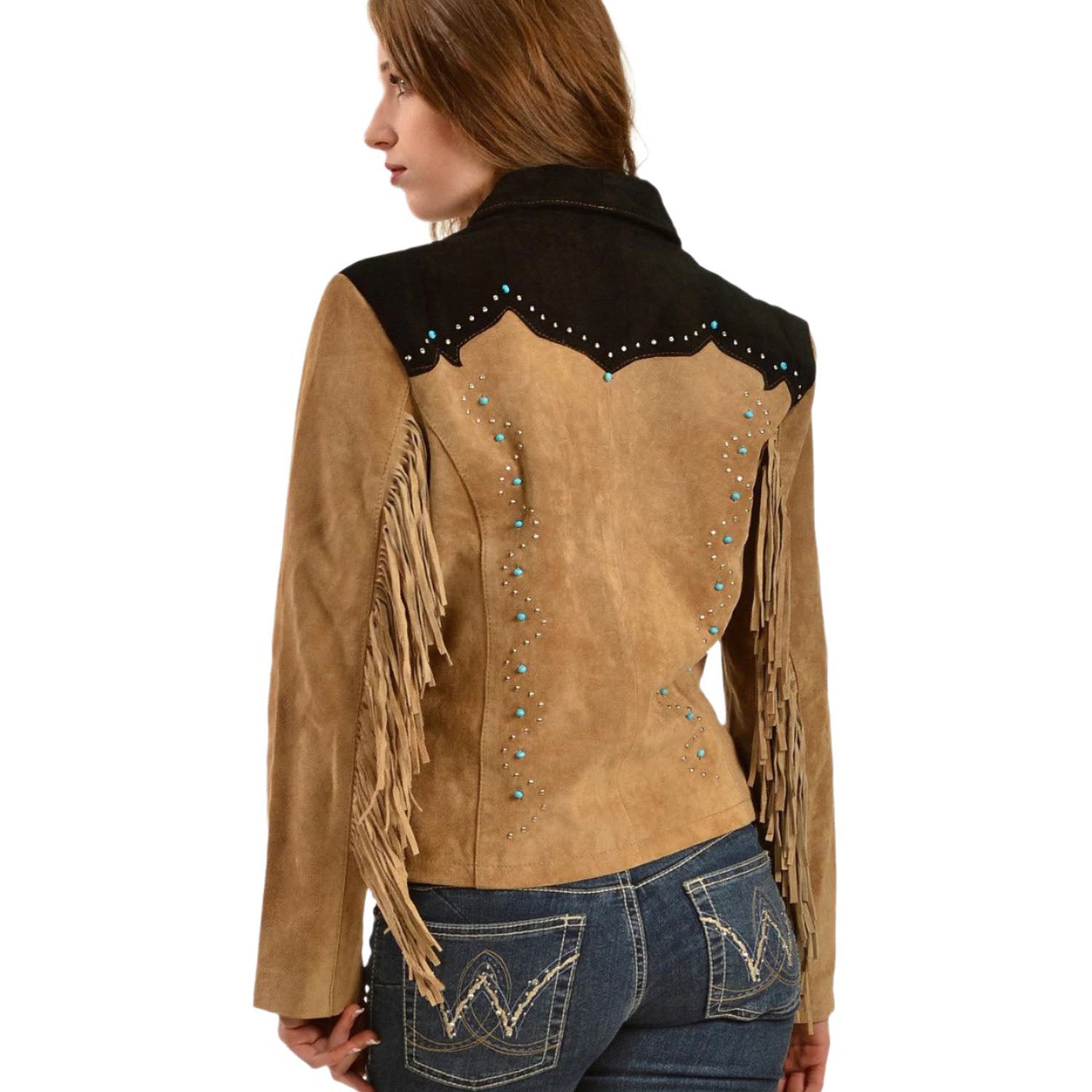 Cowgirl Brown Suede Leather Fringe Beaded Jacket side view