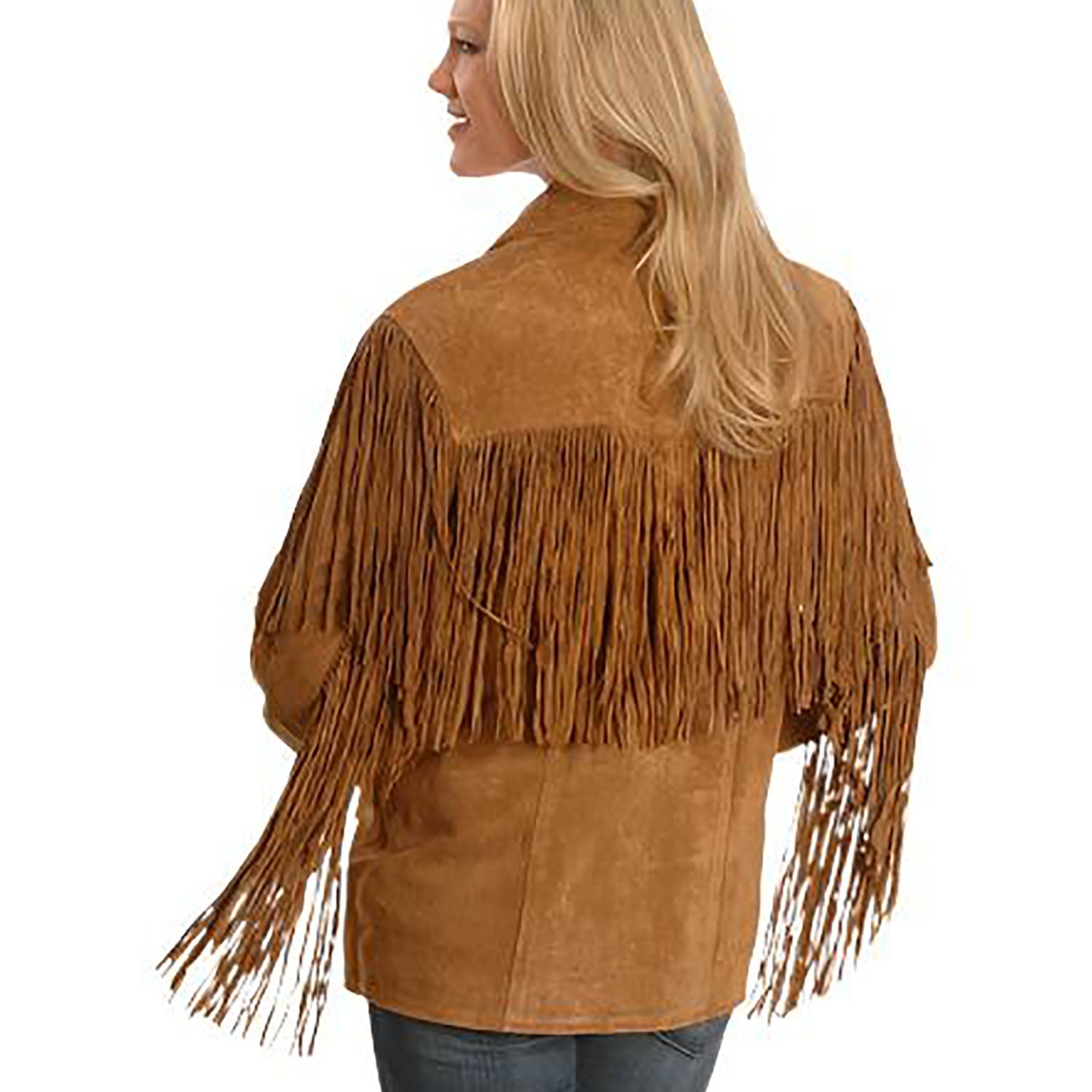 Cowgirl Brown Suede Leather Fringe Jacket Coat worn view