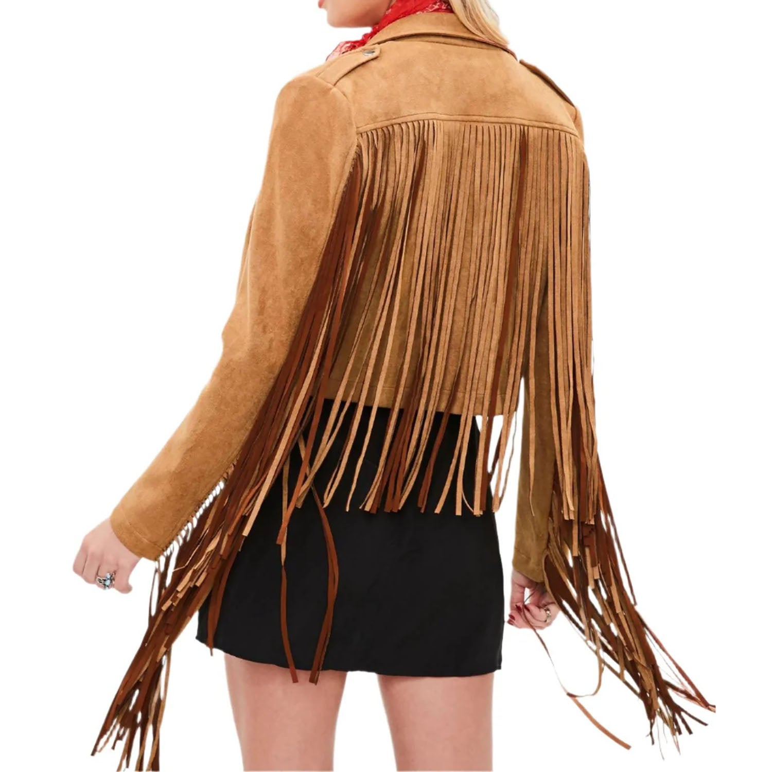 Cowgirl Brown Suede Leather Long Fringe Biker Jacket side view