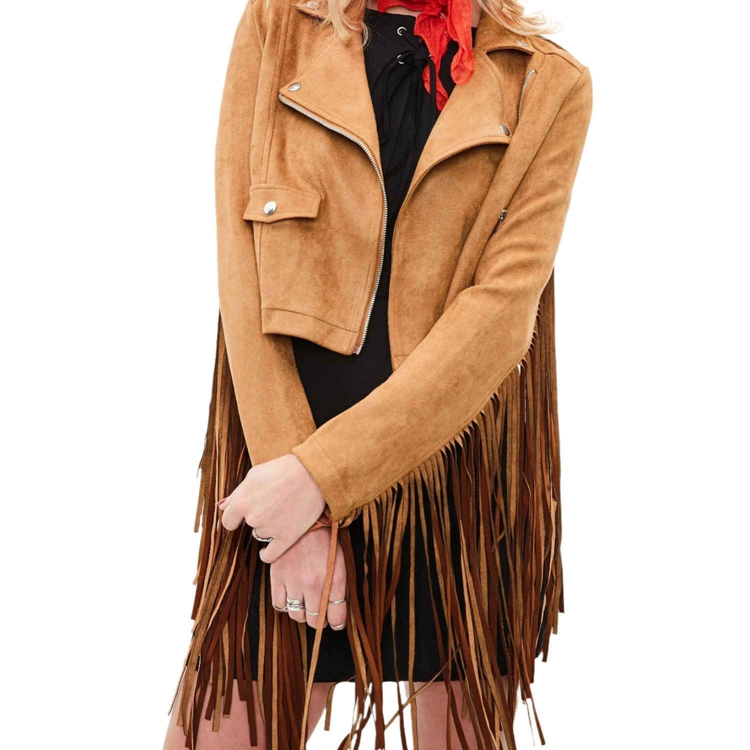 Cowgirl Brown Suede Leather Long Fringe Biker Jacket front view