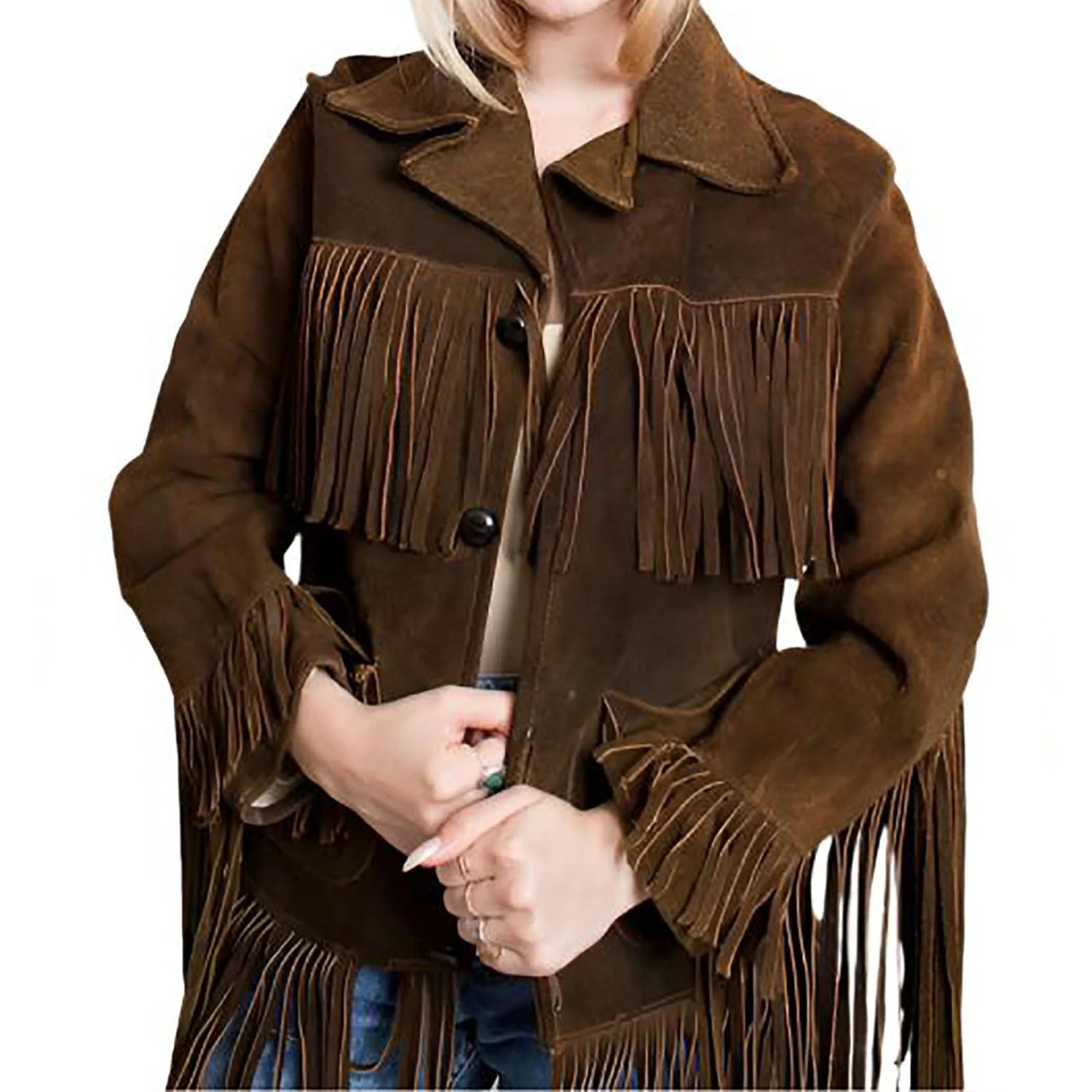 Cowgirl Brown Suede Leather Long Fringe Jacket front view