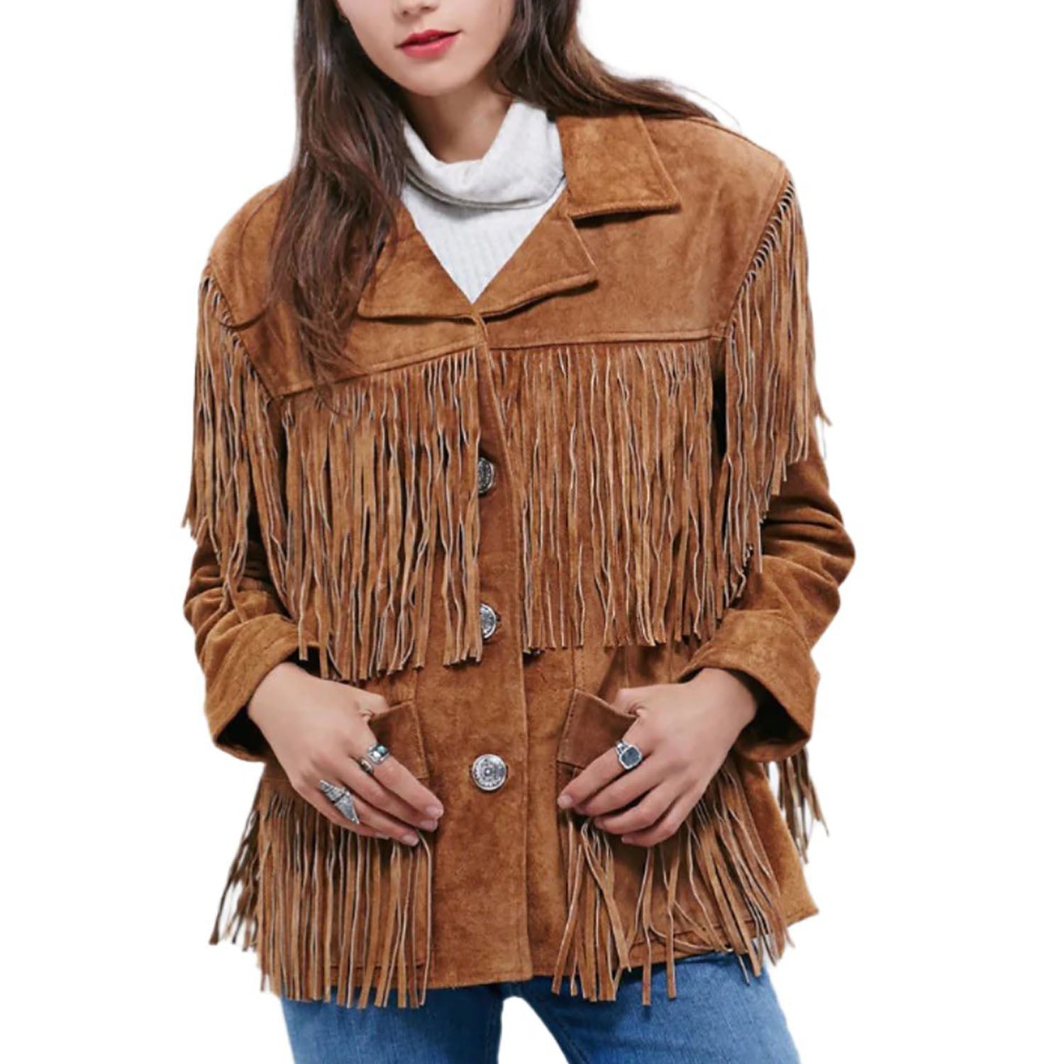 Cowgirl Brown Suede Leather Long Fringe Jacket front view