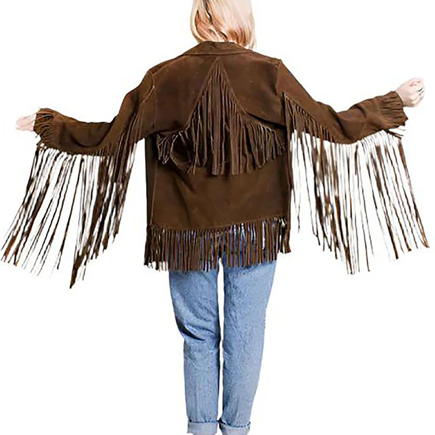 Cowgirl Brown Suede Leather Long Fringe Jacket side view