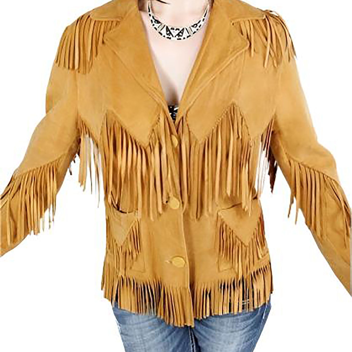 Cowgirl Gold Brown Suede Leather Fringes Western Jacket front view