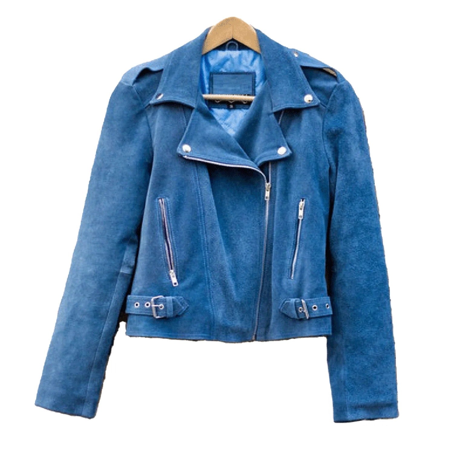 Cowgirl Western Fringe Blue Suede Leather Biker Jacket for Women front view