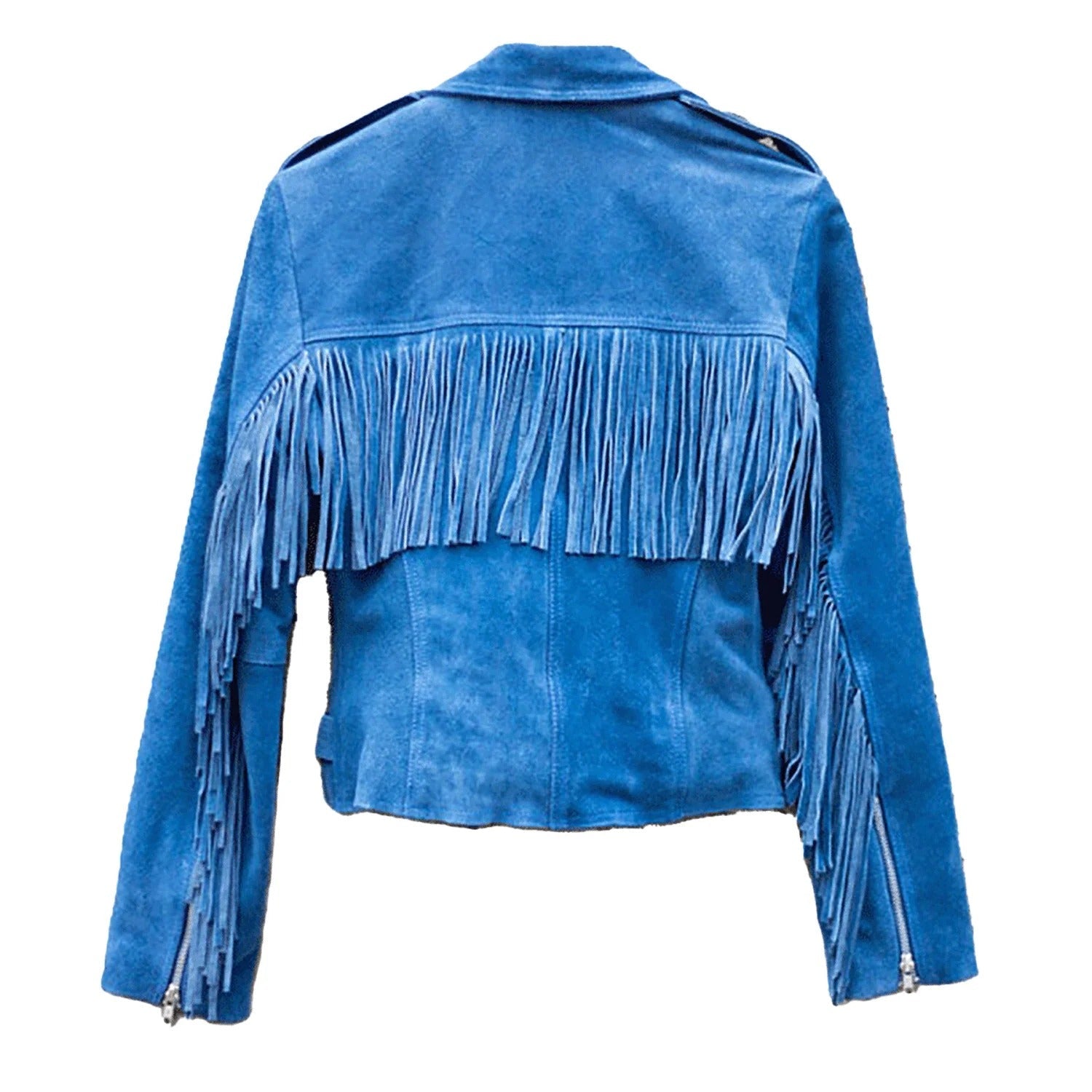 Cowgirl Western Fringe Blue Suede Leather Biker Jacket for Women side view
