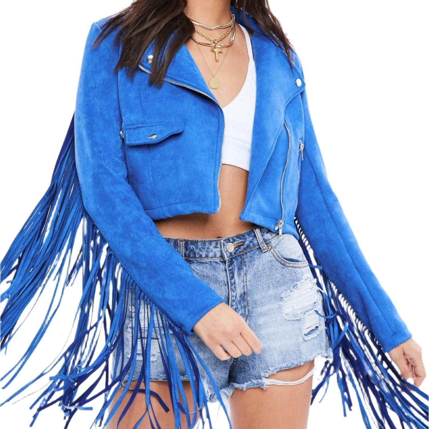 Cowgirl Western Fringe Blue Suede Leather Biker Jacket for Women front view