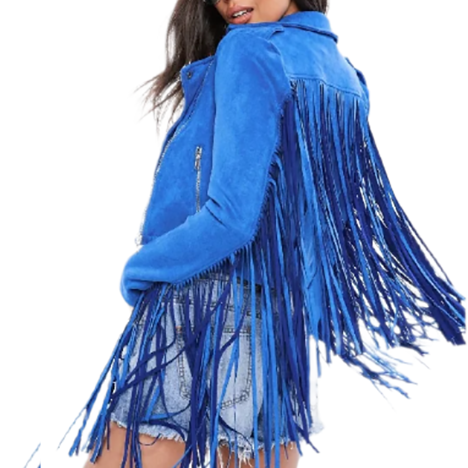 Cowgirl Western Fringe Blue Suede Leather Biker Jacket for Women side view