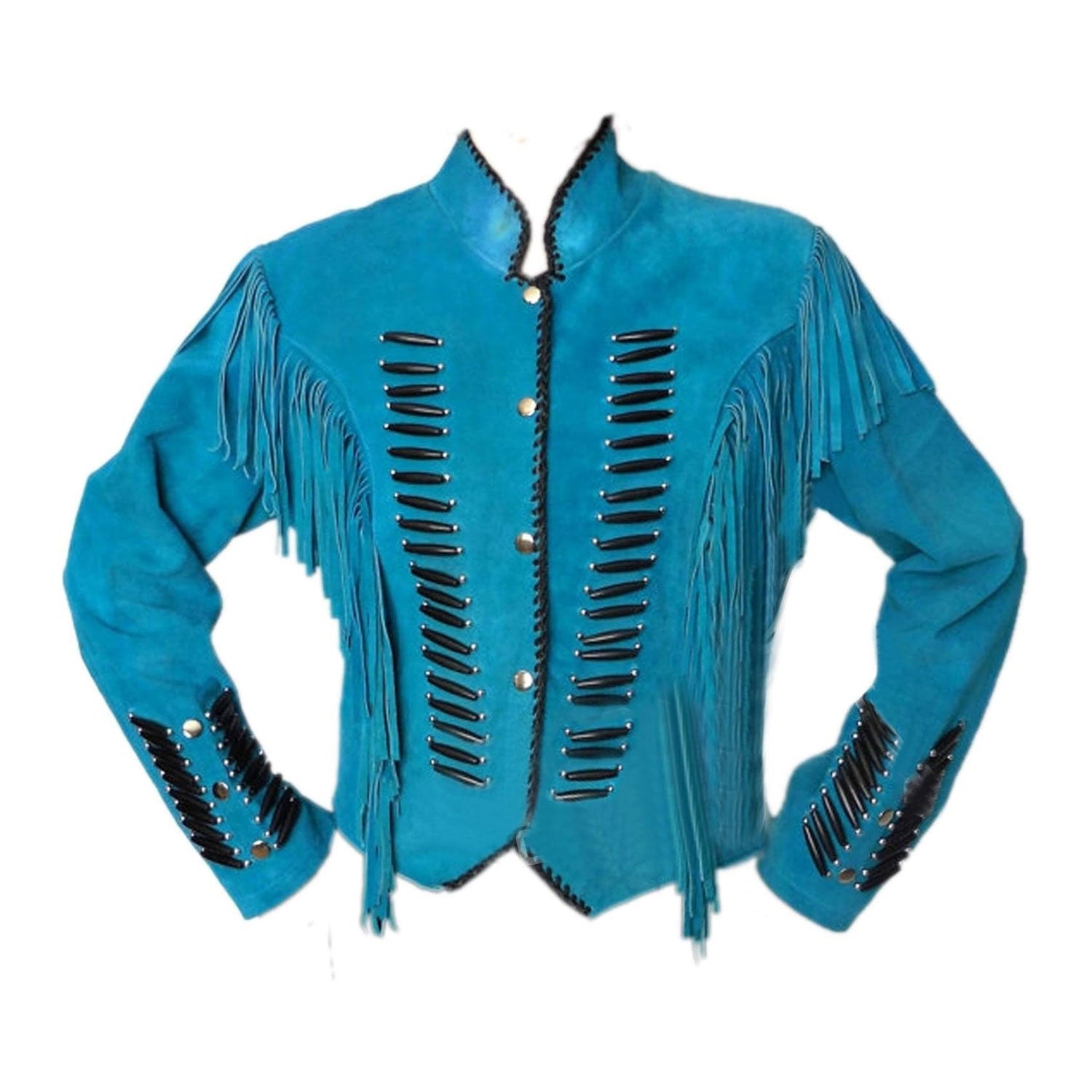 Cowgirl Western Fringe Blue Suede Leather Jacket for Women front view