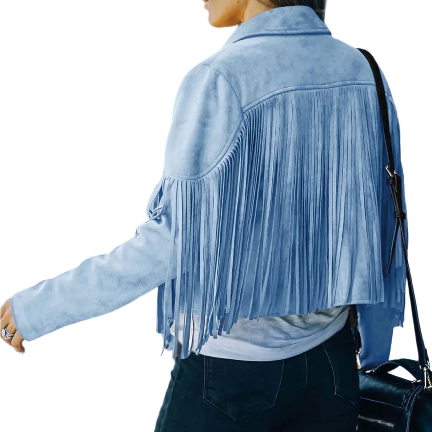 Cowgirl Western Fringe Light Blue Leather Jacket for Women side view
