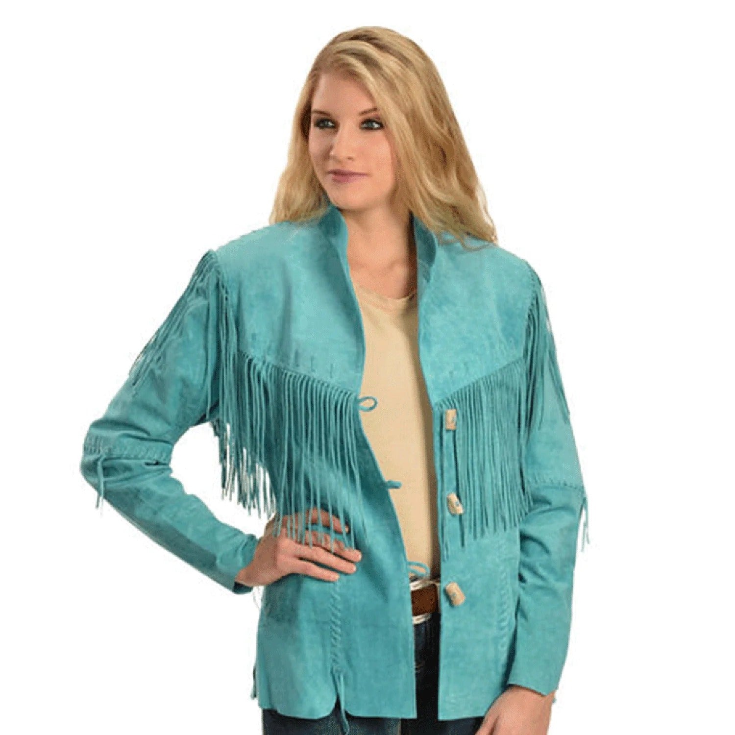 Cowgirl Western Fringe Turquoise Blue Suede Leather Jacket for Women front view