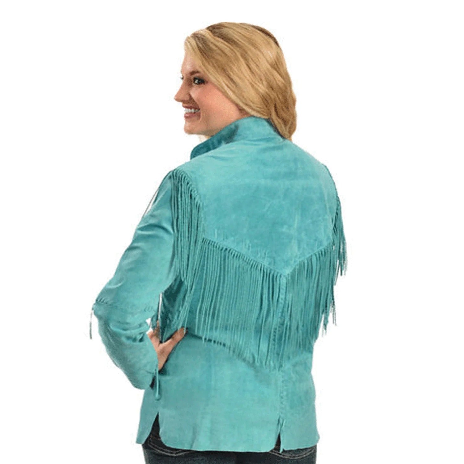Cowgirl Western Fringe Turquoise Blue Suede Leather Jacket for Women side view