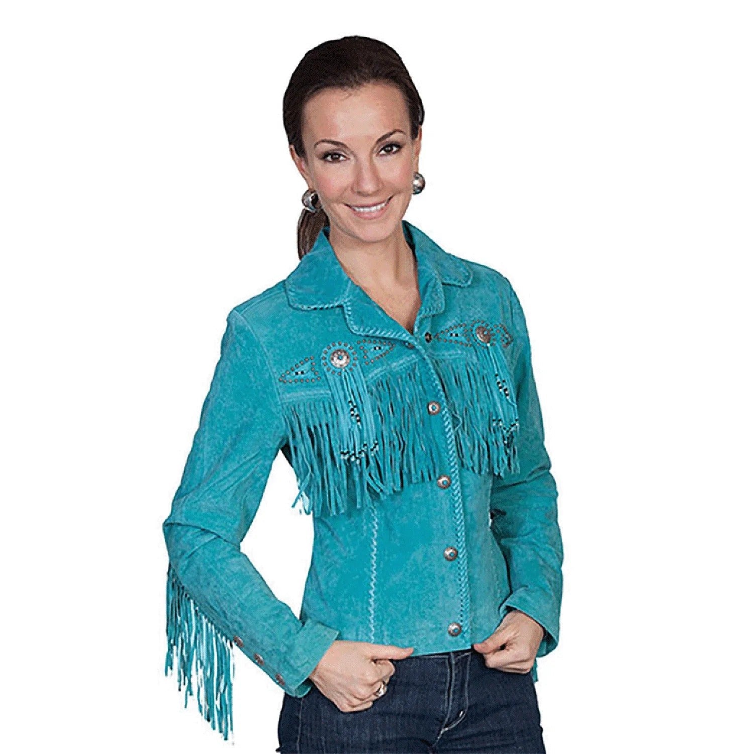 Cowgirl Western Fringe Turquoise Blue Suede Leather Jacket for Women front view