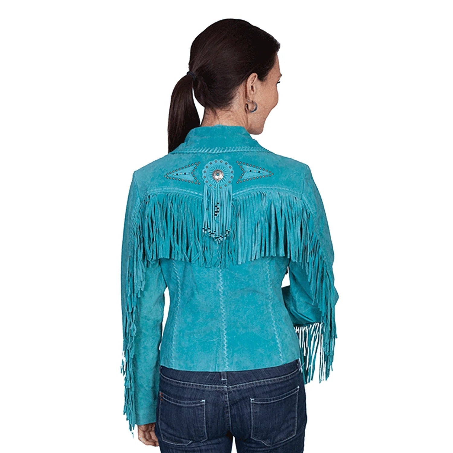 Cowgirl Western Fringe Turquoise Blue Suede Leather Jacket for Women side view