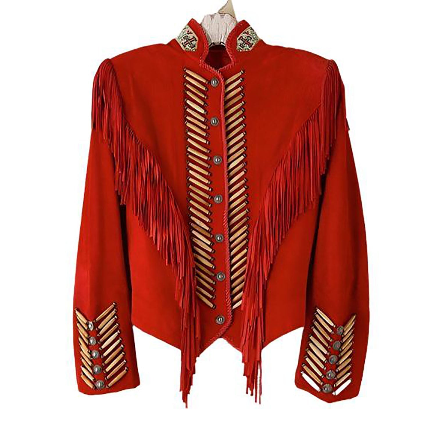 Cowgirl Western Red Suede Leather Bone Fringe Jacket front view