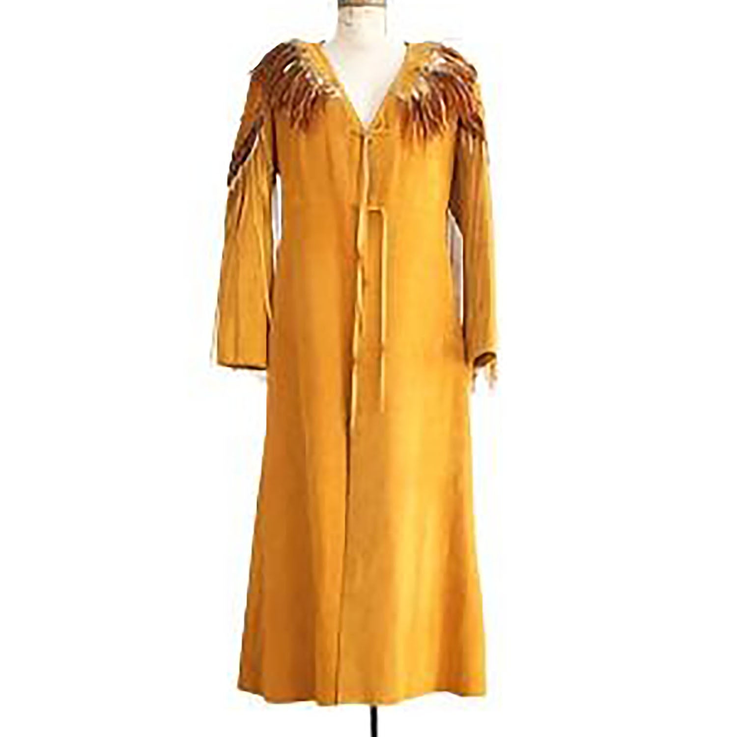 Cowgirl Yellow Suede Leather Fringe With Beads Long Dress front view
